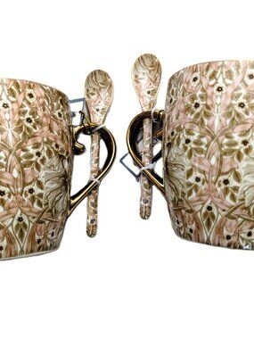 2 Morris & Co. MUGS FLORAL FINE PORCELAIN CHINA BEIGE FLORAL WITH SPOON NWT